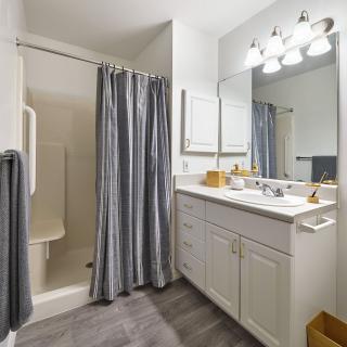 A modern bathroom with a shower, sink, and large mirror.