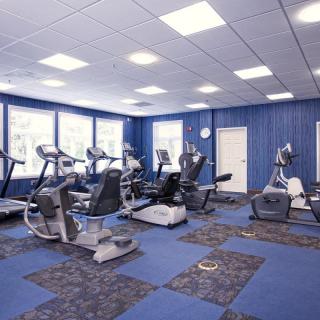 A well-lit gym featuring various exercise machines, including treadmills and cardio equipment.