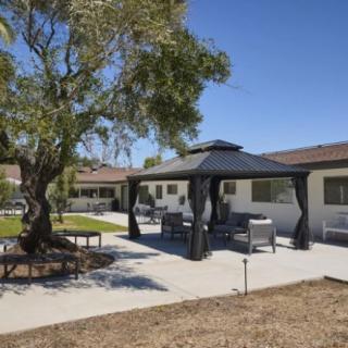 A sunny backyard with a gazebo and patio furniture, surrounded by a well-maintained garden.