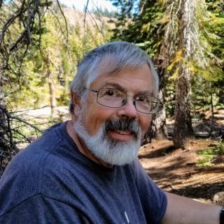 A man with a beard and glasses enjoying the outdoors surrounded by trees.