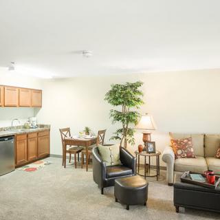 A cozy open-plan apartment with a kitchen, dining area, and comfortable seating.