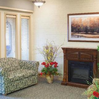 A cozy living room with a patterned chair and fireplace, complemented by decor and artwork.