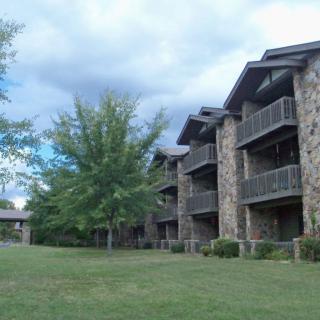Stone facade apartment buildings with balconies, surrounded by trees on a cloudy day.