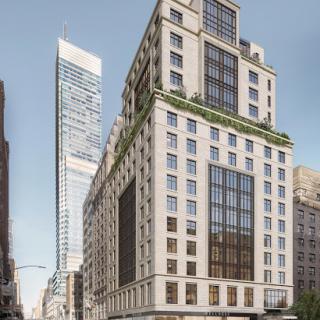 A striking blend of modern and classic architectural styles in an urban setting.