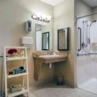 A clean and modern bathroom with a sink, mirror, shelf, and accessible shower.