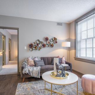 A cozy living room featuring a modern sofa, stylish coffee table, and decorative wall art.