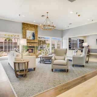 A cozy and elegantly designed living room featuring a fireplace, comfortable seating, and modern decor.
