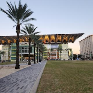 A modern architectural building surrounded by palm trees and green space.