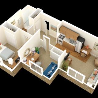 3D floor plan of a modern apartment featuring an open-concept kitchen and living area, along with a bedroom and bathroom.