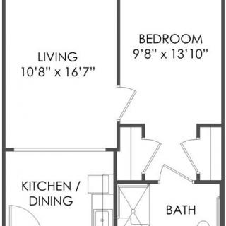 One-bedroom apartment floor plan with living, kitchen/dining, and bath areas.