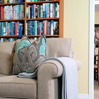A cozy living room scene featuring a comfortable couch with patterned pillows and a soft blanket, set against a backdrop of bookshelves filled with colorful books.
