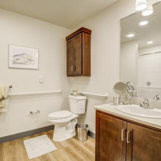 A modern bathroom with wooden cabinetry and a well-lit vanity area.