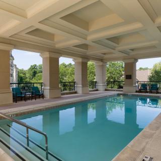 A luxurious indoor swimming pool with elegant columns and scenic outdoor views.