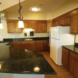 A modern kitchen featuring wooden cabinets, a white refrigerator, and black granite countertops illuminated by pendant lights.