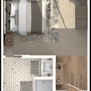 A top-down view of a modern apartment floor plan showcasing a cozy bedroom and an adjacent bathroom.