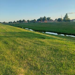 A serene view of a green landscape with a waterway, illuminated by the warm sunlight.