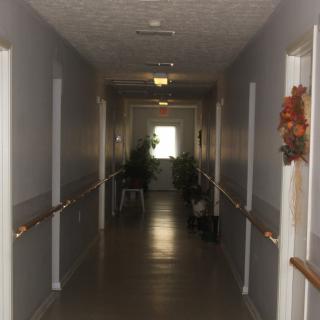 A long, decorated hallway with plants and soft lighting.