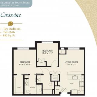 A floor plan layout for a two-bedroom apartment named 'Crescent', covering 938 square feet.