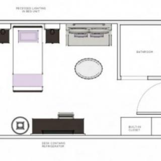 A minimalist bedroom floor plan with a bed, two nightstands, a couch, and a round table.