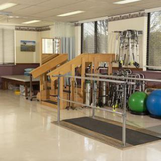 A physical therapy room equipped with parallel bars, gym balls, and various exercise equipment.