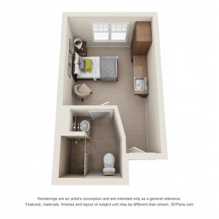 3D floor plan of a small bedroom with attached bathroom, showcasing furniture arrangement and layout.
