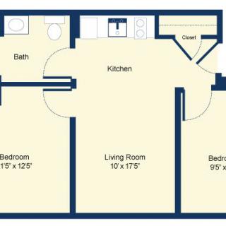 A floor plan of a two-bedroom apartment featuring a living room, kitchen, and bathroom.