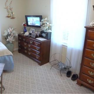 A cozy bedroom with a dresser, television, and decorative elements.