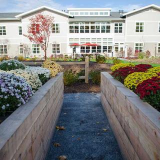A beautifully landscaped garden pathway leading to a modern building.