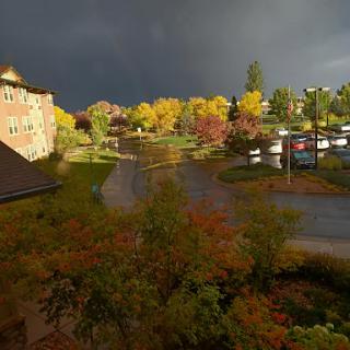 A picturesque autumn scene showcasing vibrant foliage under a dramatic sky.