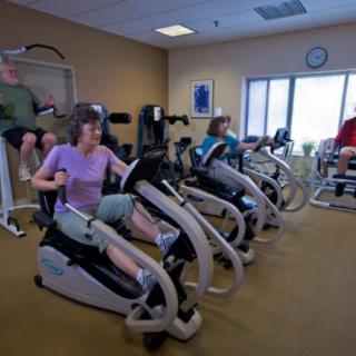 People working out on exercise machines in a gym.