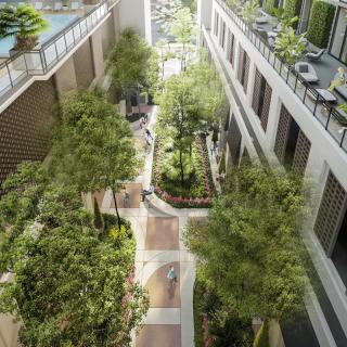 A modern urban courtyard surrounded by buildings, featuring lush greenery and a paved pathway.