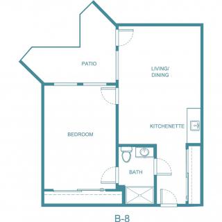 A floor plan of a one-bedroom apartment including a living/dining area, kitchenette, bathroom, patio, and bedroom.