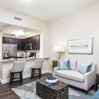 Bright and modern open-plan living room and kitchen with stylish furniture.
