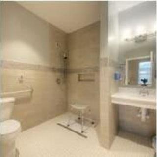 A modern, accessible bathroom with a toilet, walk-in shower, and sink.