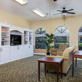 A cozy living room with a sofa, TV, and bookshelves, featuring large windows and decorative plants.