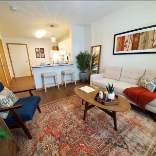 Cozy living room with stylish furniture and decor.