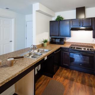 A modern kitchen with dark cabinets, a stove, and a sink on wood flooring.