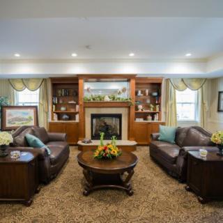 A cozy and elegantly furnished living room with a fireplace, leather sofas, and decorative shelves.