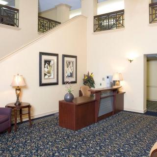 A hotel lobby with a reception desk and stylish decor.