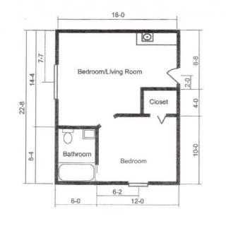 Blueprint of a small apartment with bedroom, living room, bathroom, and closet.