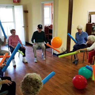 A group of seniors engaging in a playful indoor exercise using foam noodles and therapy balls.