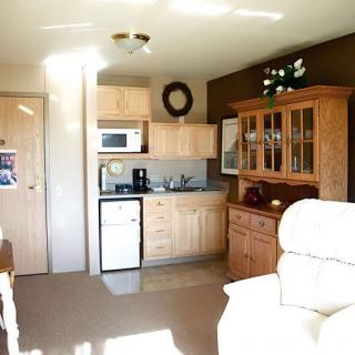 A cozy kitchen and living area with wooden cabinets, a microwave, and a compact refrigerator.