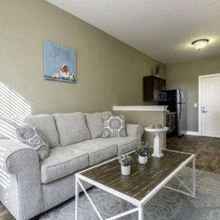 A modern living room with a comfortable sofa and sleek coffee table in an apartment setting.