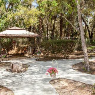 A serene garden scene with a gazebo and winding pathways surrounded by trees.
