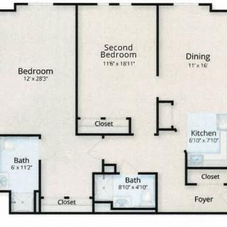 A floor plan of an apartment featuring two bedrooms, two bathrooms, a kitchen, dining area, and closets.