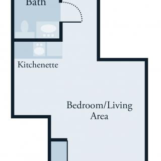 A floor plan of a studio apartment featuring a kitchenette, bath, and combined bedroom/living area.