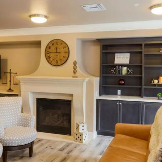 A cozy living room with a fireplace and shelves, decorated with modern furniture.