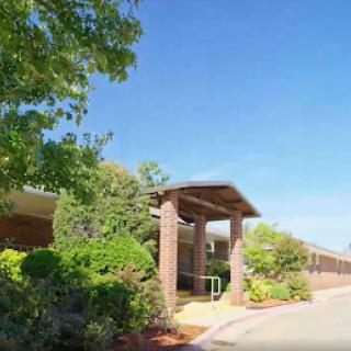A sunny day view of a landscaped entrance to a building surrounded by greenery.