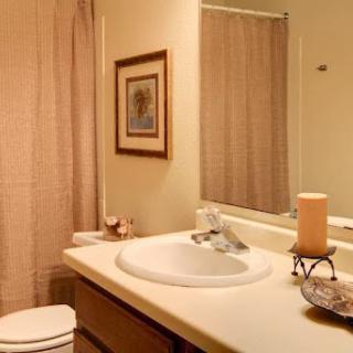 A cozy bathroom featuring a sink, toilet, and decorative elements.