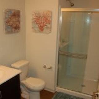 A modern bathroom featuring a toilet, shower with glass doors, and decorative artwork on the walls.
